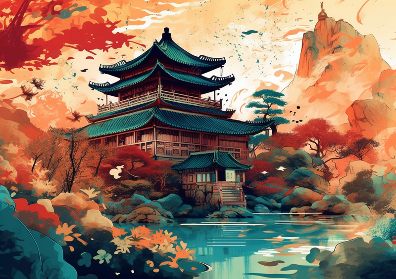 中国风国潮新中式秋季时节山林中的古风建筑树木枫树平静的湖泊室外无人的场景背景插画,插画/手绘图,插画/手绘图库,插画/手绘图下载,插画/手绘